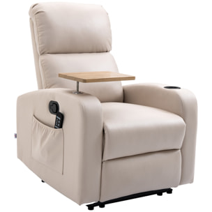 HOMCOM Sillón de Masaje Sillón Relax Eléctrico con 4 Modos de Vibración Reclinación 145° Tapizado en Microfibra Mando a Distancia Mesita 2 Bolsillos Laterales y Posavasos 77x93x105 cm Beige