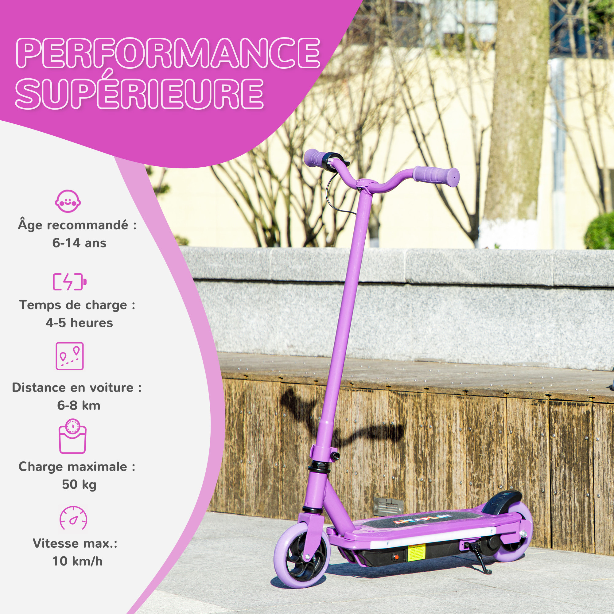 Trottinette électrique enfant LED multicolore max. 10Km/h autonomie 8Km béquille acier mauve