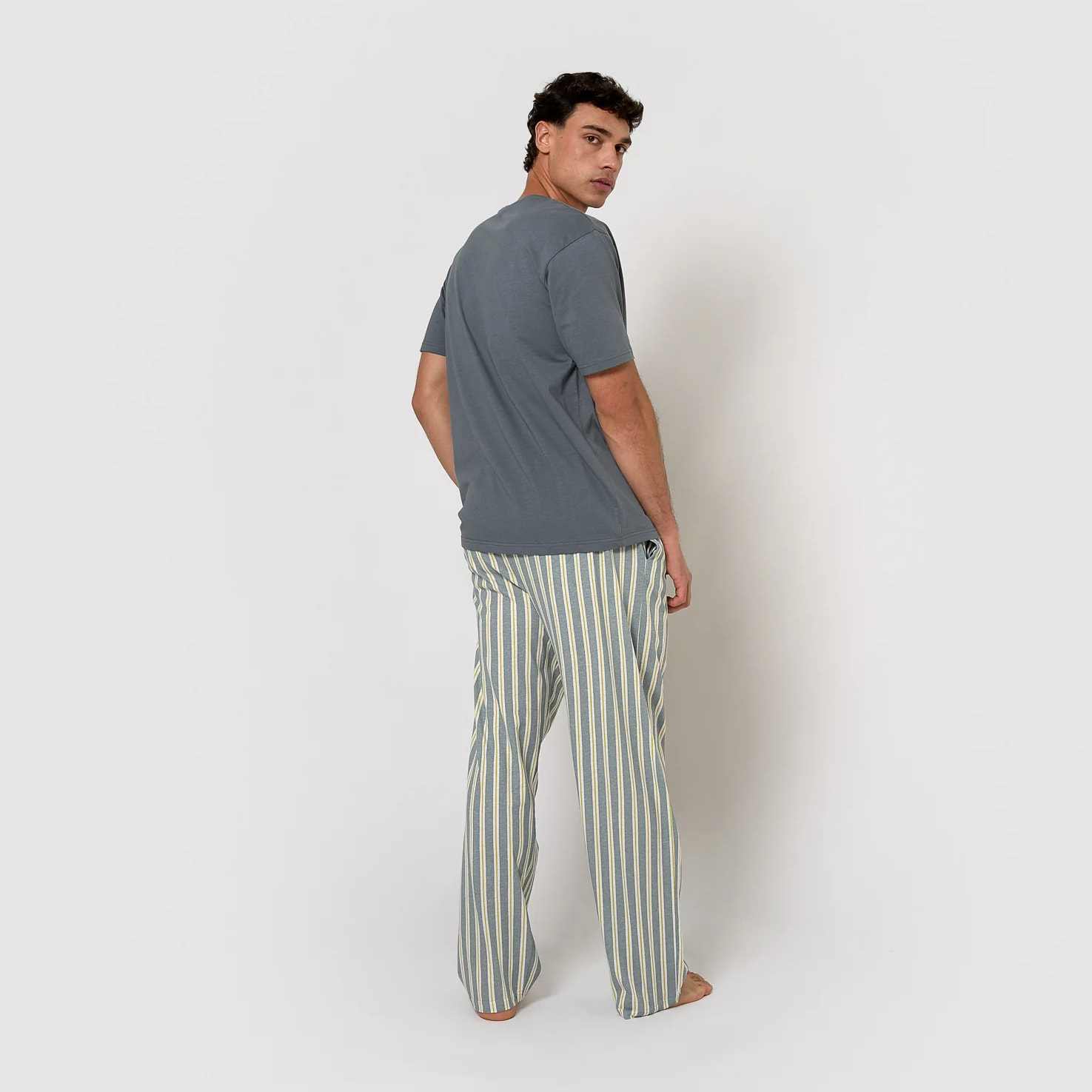 Pigiama lungo in cotone a maniche corte, a righe schon, blu-grigie