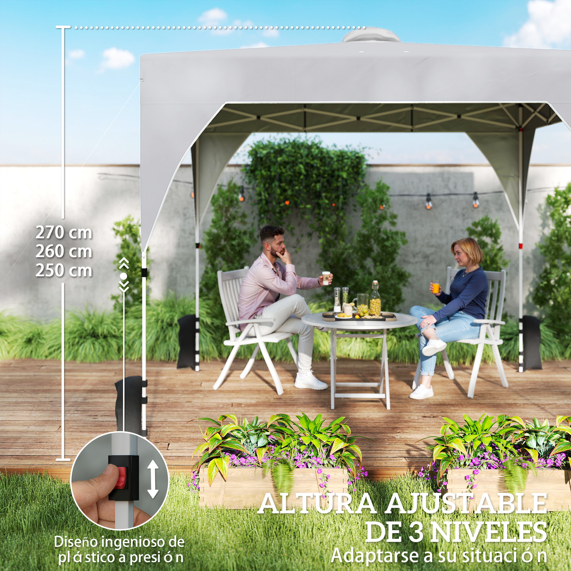 Carpa Plegable 3x3 m, Pop-up, Cenador Pabellón de Jardín con Ventilación Superior, Bloqueo Central, UPF50+, Altura Ajustable 3 Niveles, Bolsa Transporte con Ruedas, Sacos de Arena, Gris