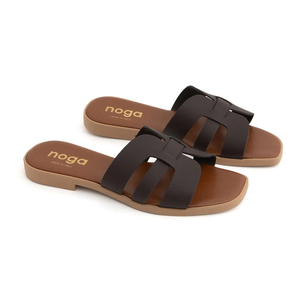 Ciabatta slide con fasce incrociate in vera pelle - MORO