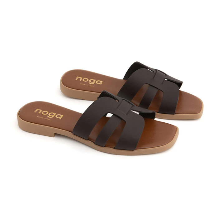 Ciabatta slide con fasce incrociate in vera pelle - MORO
