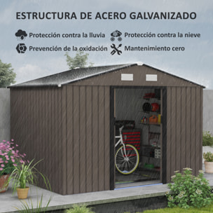 Caseta de Jardín Exterior 4,9 m² 277x195x192 cm Efecto Madera Cobertizo de Jardín Exterior con Puerta Corredera Techo Inclinado Base Refuerzo (Suelo NO Incluido) y 4 Ventanas Marrón