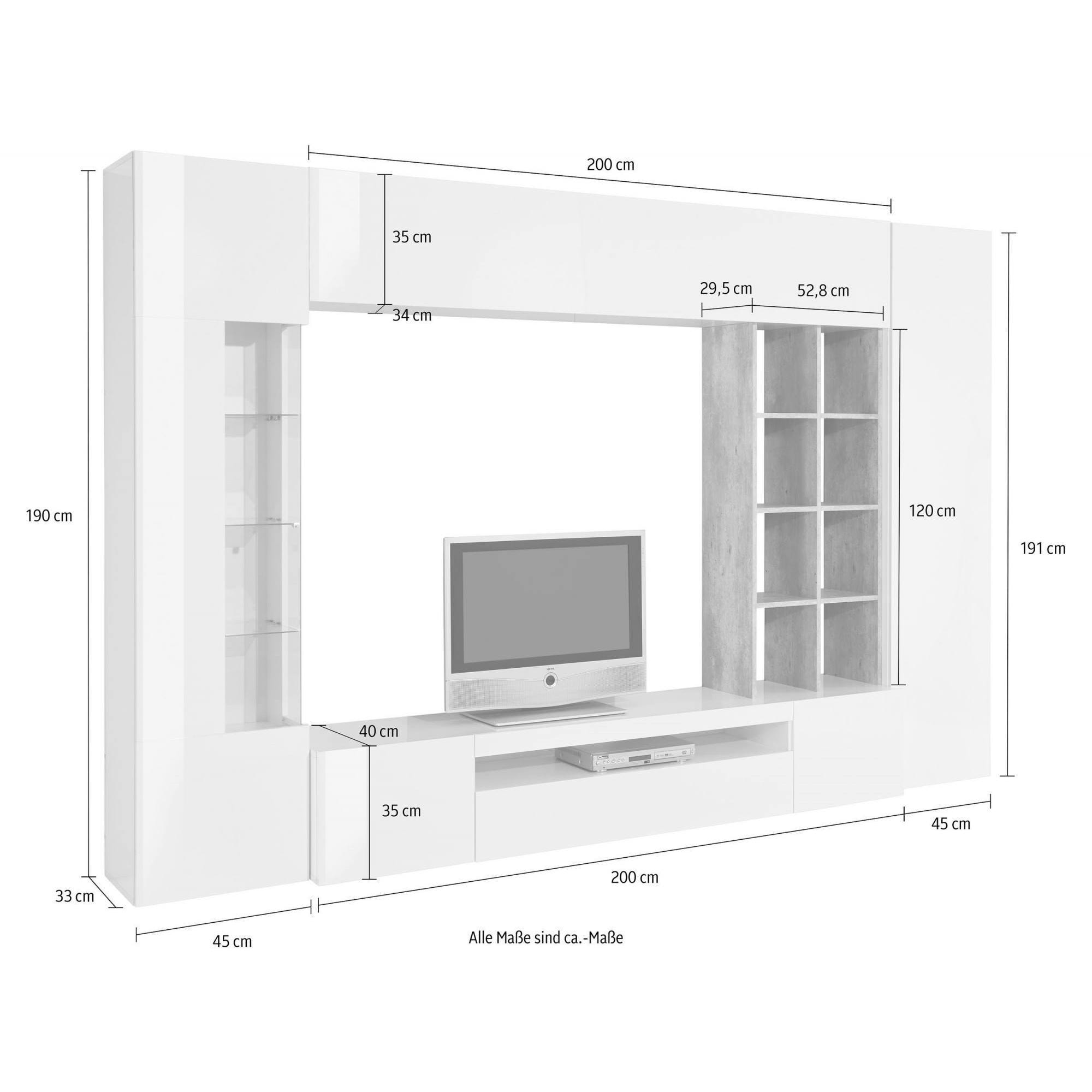 Parete attrezzata da soggiorno, Made in Italy, Base porta TV e pensili e scaffali, Set salotto moderno, cm 290x40h192, colore Bianco lucido e Cemento