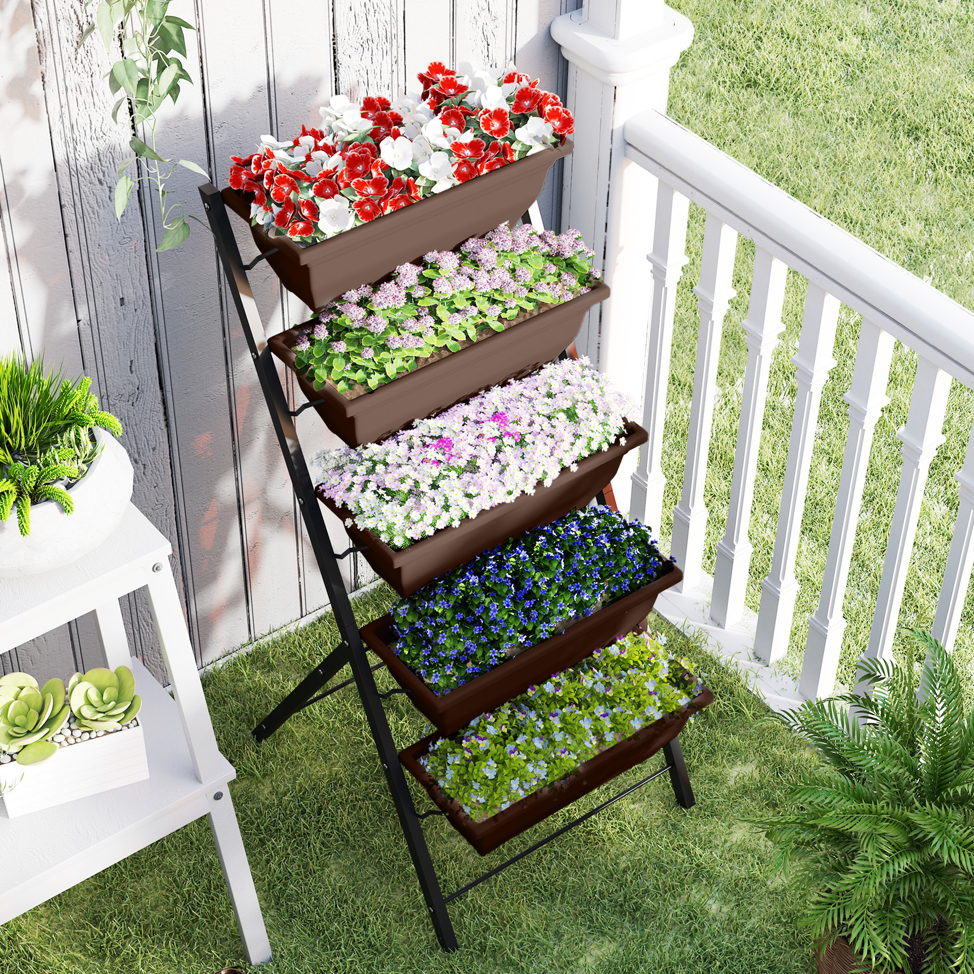 Soporte para Plantas de 5 Niveles con 5 Macetas, Estantería para Plantas para Esquina, Orificios de Drenaje, Diseño en Escalera, Soporte para Macetas, Interior y Exterior, 55x63x120 cm, Negro