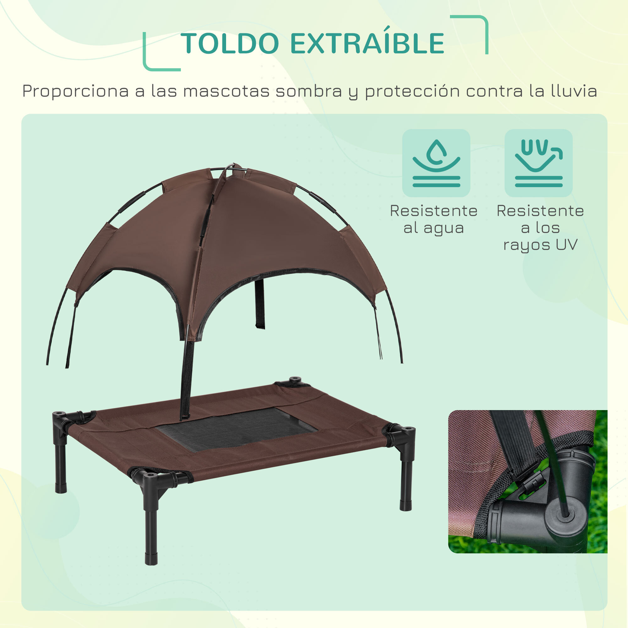 Cama Elevada para Mascotas Portátil con Toldo Extraíble Tela Transpirable al Aire Libre para Interior y Exterior 61x46x62 cm Café