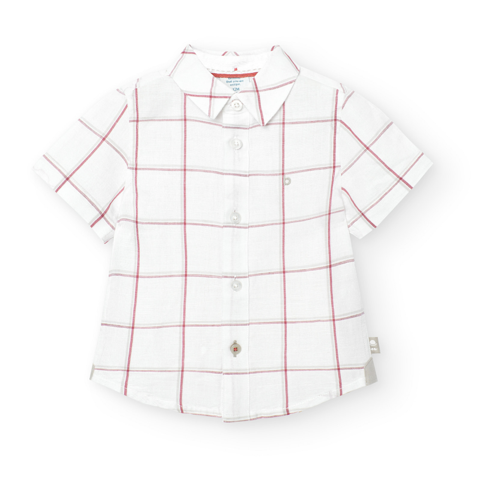 Camisa niño, lino, estampado cuadros, piedra