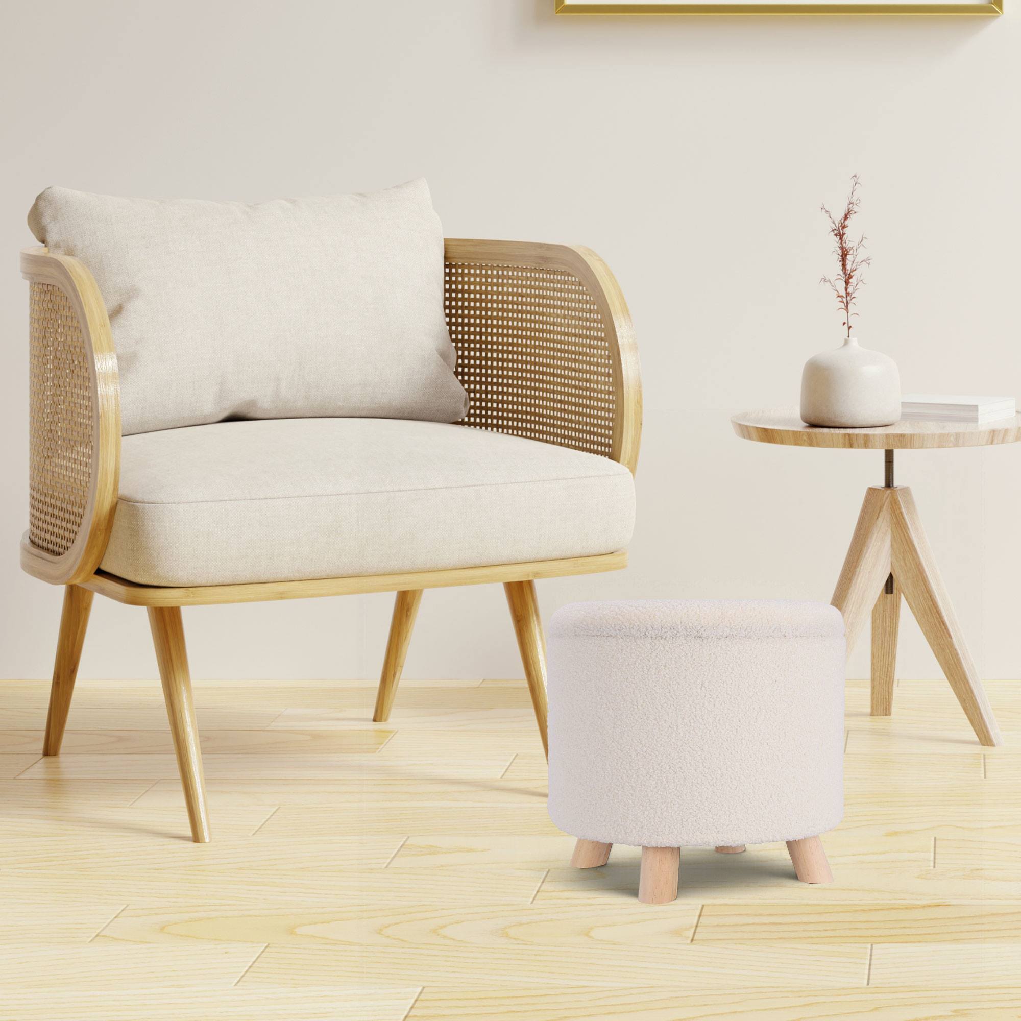 Taburete de almacenamiento 100% poliéster 40x37cm en color blanco y patas de madera