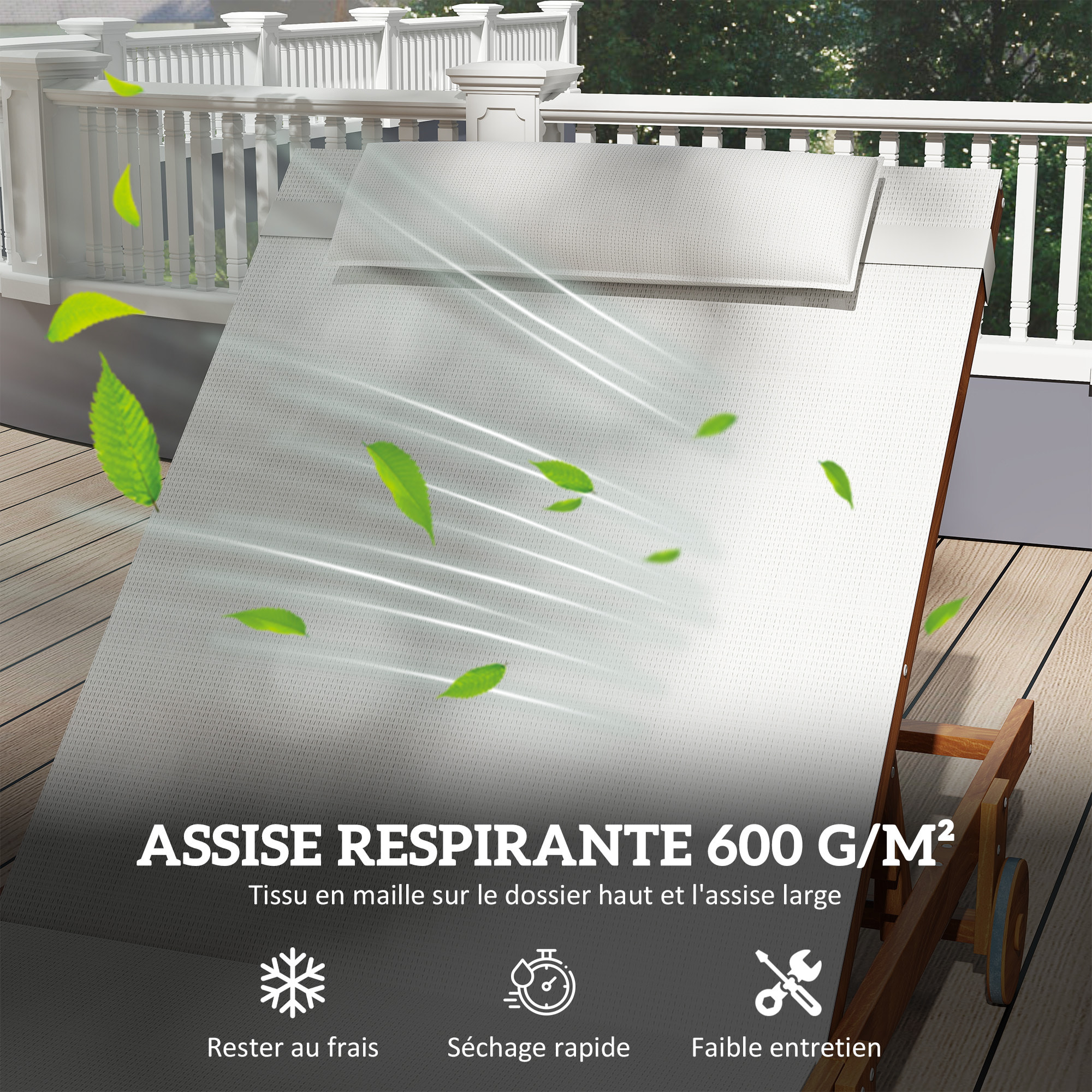 Bain de soleil style exotique bois avec 2 roues - inclinable, tétière - textilène blanc