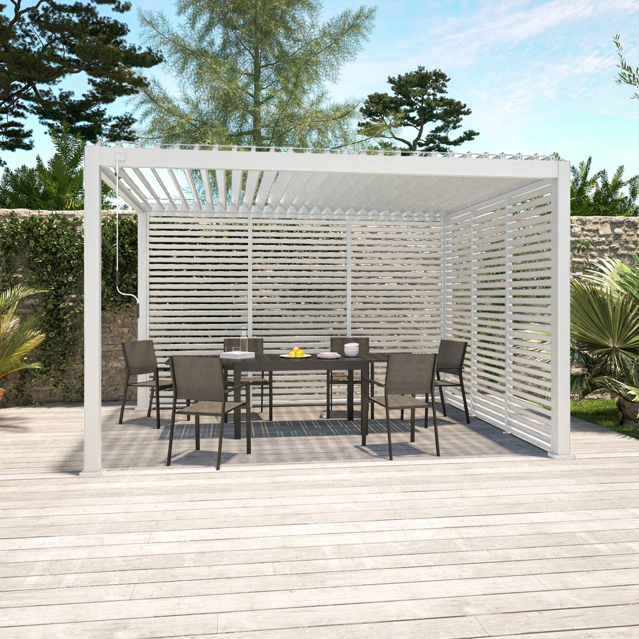 Pergola bioclimatique Triomphe 3x4 + 3 persiennes 130cm pour le côté de 4m. panneau brise vue. L 400 x P 300 x H 250 cm