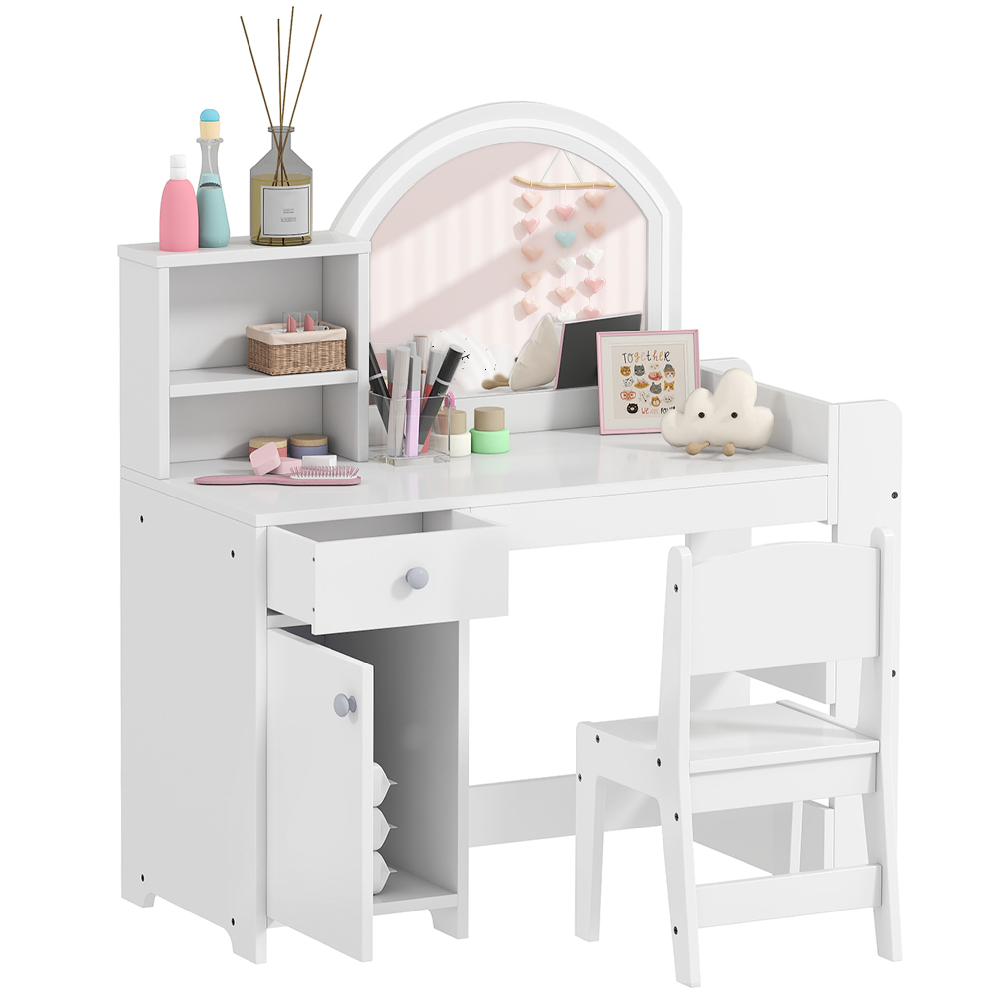Tocador de Maquillaje Niña, Tocador Infantil con Taburete y Espejo con Luces LED, 1 Cajón, Armario y 5 Estantes, para Niños de 3 a 8 Años, Blanco
