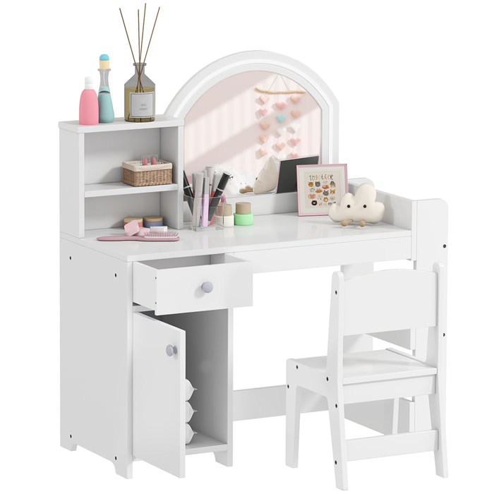 Tocador de Maquillaje Niña, Tocador Infantil con Taburete y Espejo con Luces LED, 1 Cajón, Armario y 5 Estantes, para Niños de 3 a 8 Años, Blanco