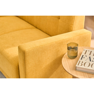 Canapé scandinave 2 places en tissu effet velours jaune moutarde et bois clair MOON