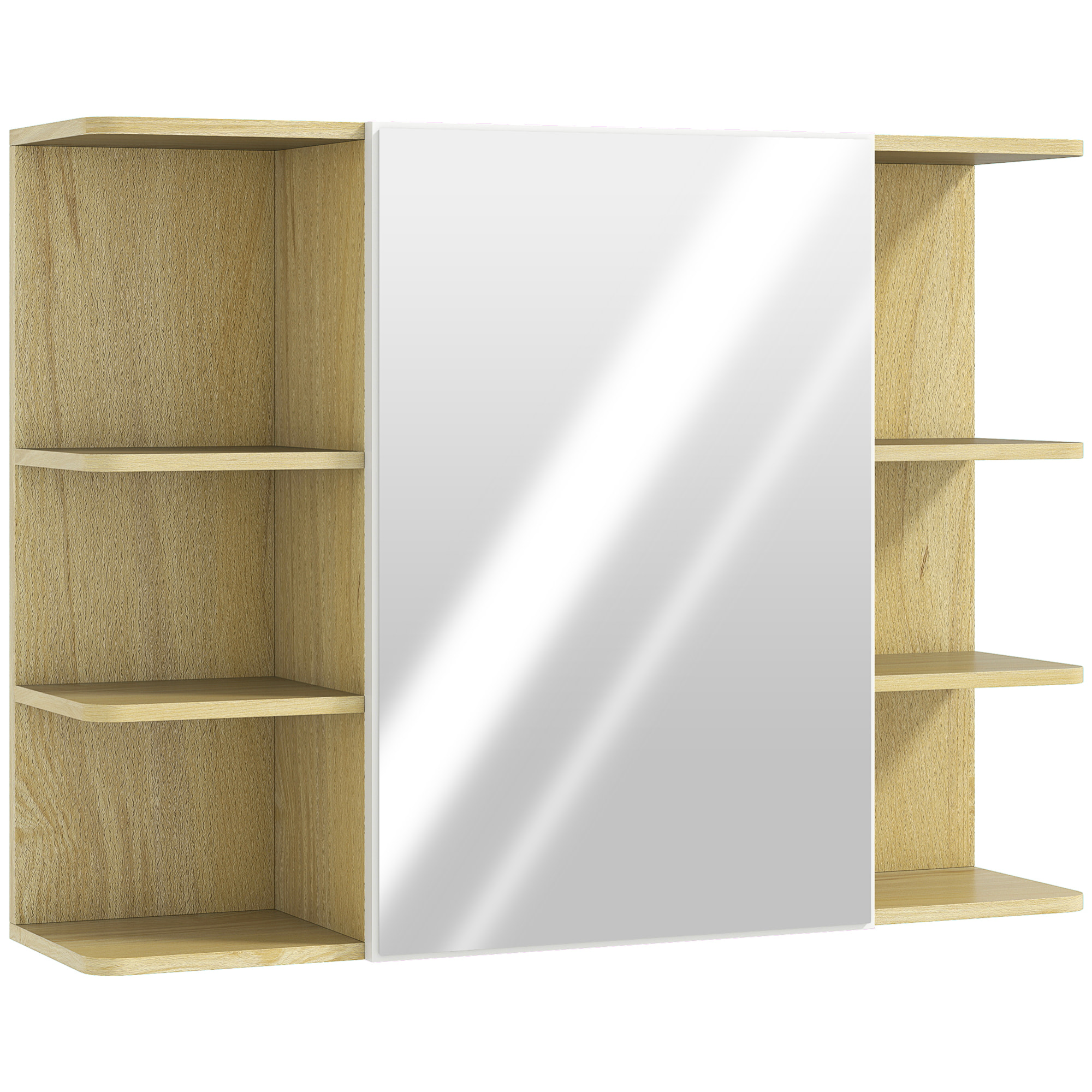 Armoire miroir murale salle de bain - porte, étagère, 2x3 tablettes latérales - 80 x 20 x 59 cm - effet bois clair