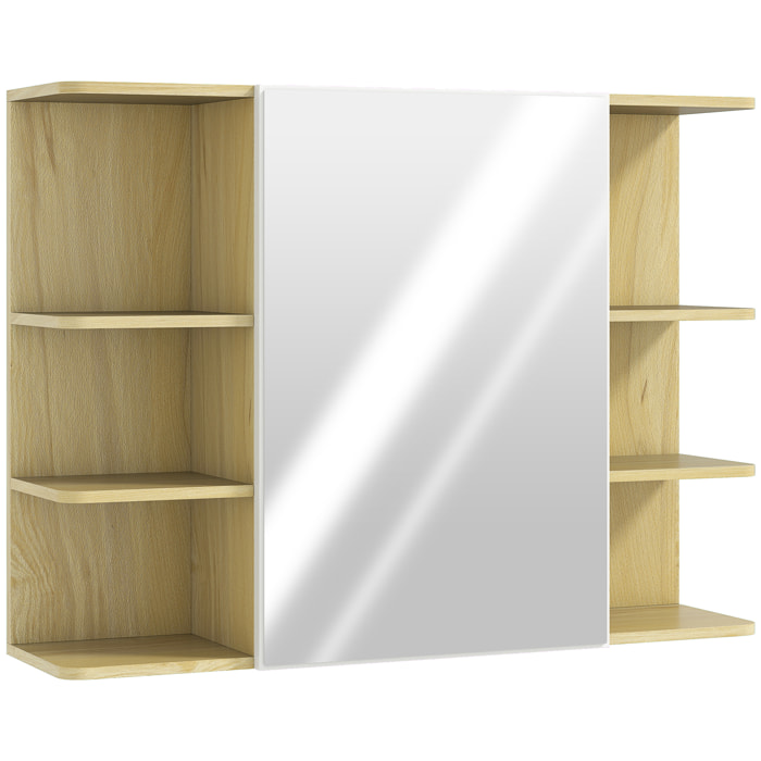 Armoire miroir murale salle de bain - porte, étagère, 2x3 tablettes latérales - 80 x 20 x 59 cm - effet bois clair