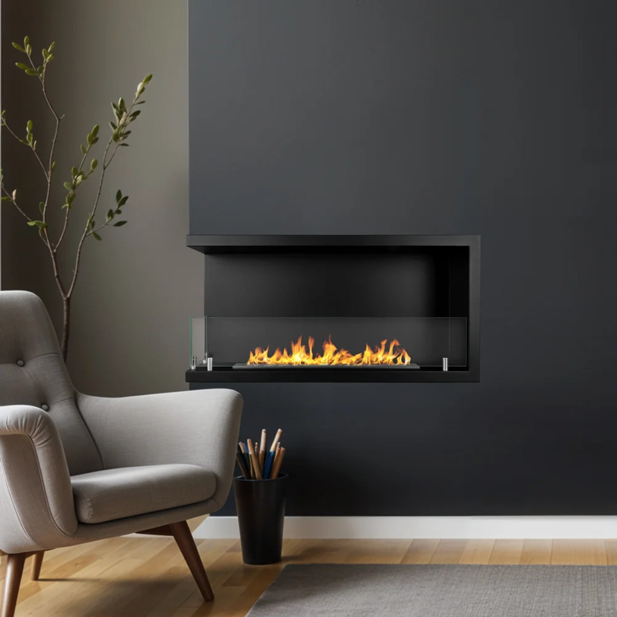 Sutri 90 - Camino a Bioetanolo da Incasso Angolare Sinistro 90x45x22,4 cm con Bruciatore 1,5lt in Acciaio