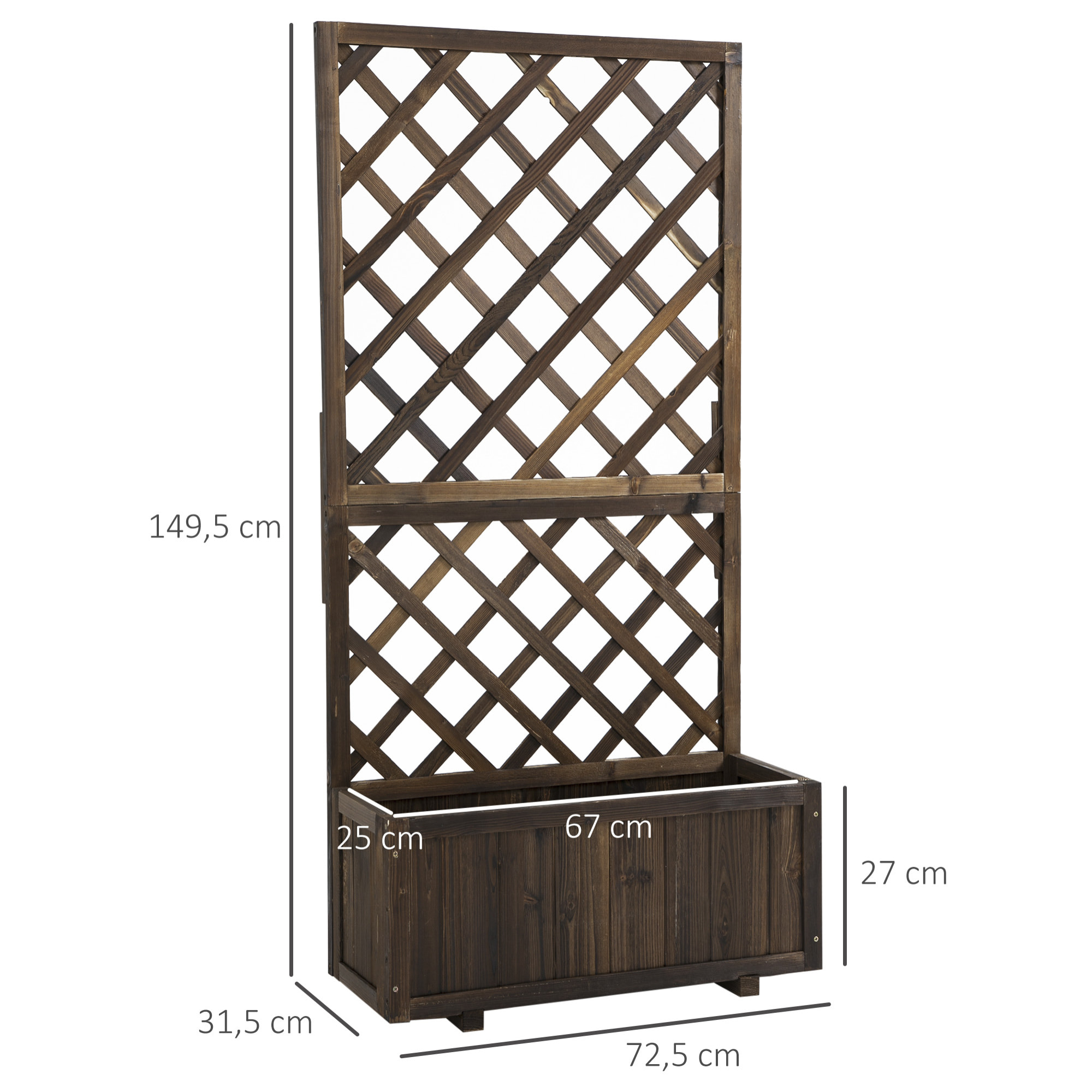 Jardinière avec treillis - bac à fleurs - jardinière sur pied - dim. 72,5L x 31,5l x 149,5H cm inserts d'irrigation inclus bois sapin traité carbonisation