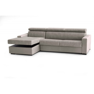 Divano Letto Aleandra, Divano ad angolo, 100% Made in Italy, Sofà con apertura girevole, con Penisola contenitore Sinistra, con Braccioli slim, Cm 260x95h85, Tortora