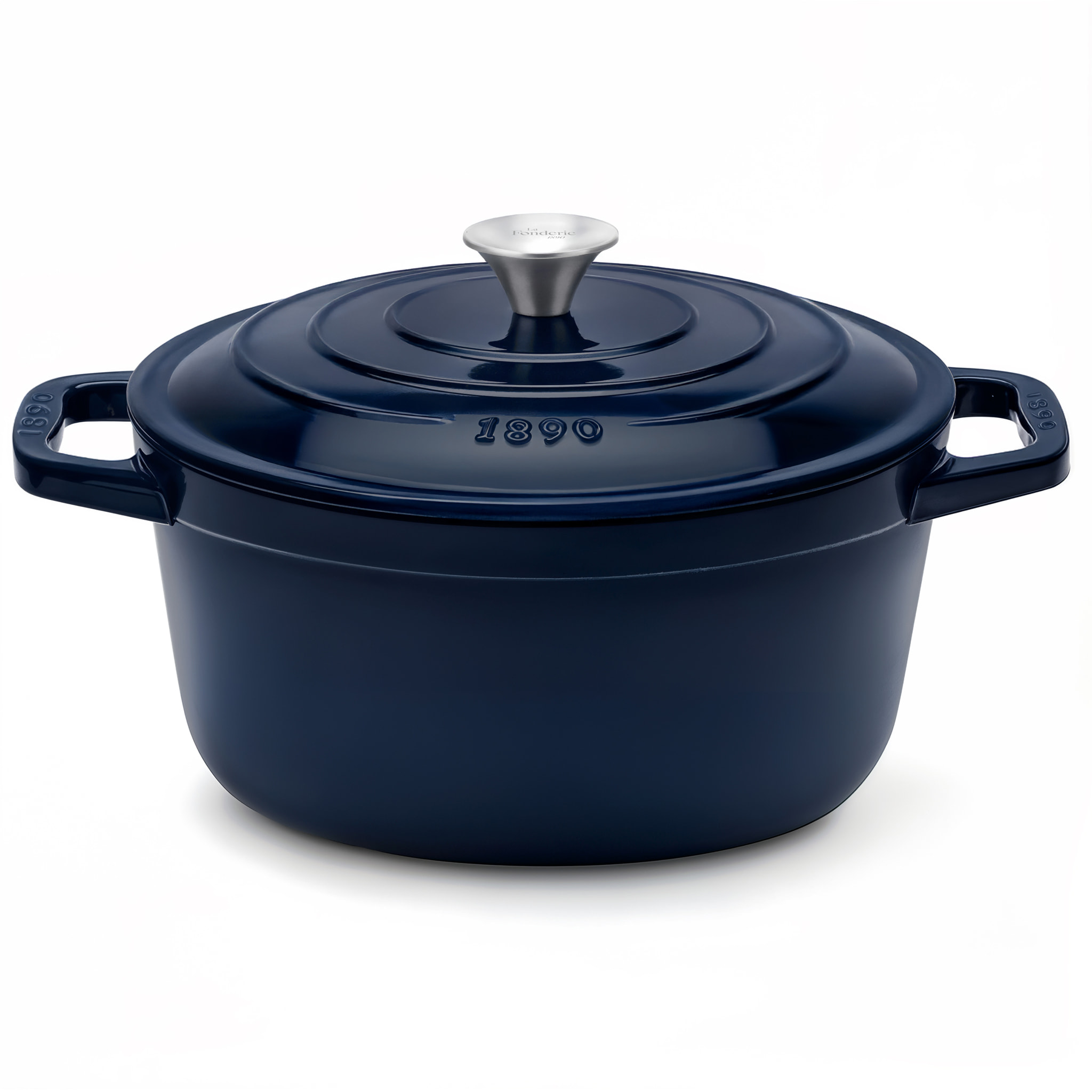La Fonderie 1890 ALMA25, Cacerola de hierro fundido, 25cm, 4,7L, azul marino, compatible con todos los fuegos, inducción, gas, parrilla y horno.