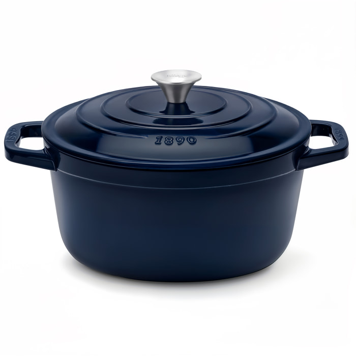 La Fonderie 1890 ALMA25, Cacerola de hierro fundido, 25cm, 4,7L, azul marino, compatible con todos los fuegos, inducción, gas, parrilla y horno.