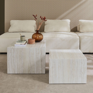 Lot de 2 tables basses effet marbre blanc cassé PAROS.  L 58 x l 58 x H 40cm / L 50 x l 50 x H 33cm