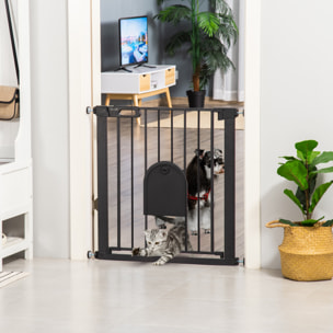 Barrière de sécurité animaux de 76H cm barrière chien chat avec porte fermeture automatique système de double verrouillage fixation par pressionde de 75 à 82 cm acier et ABS noir