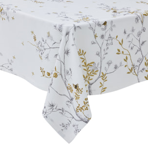 Nappe imprimée et brodée en lin, Made in France, MÉSANGES , noir et blanc