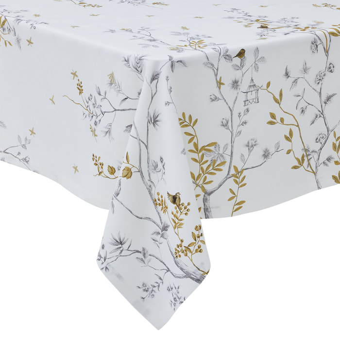 Nappe imprimée et brodée en lin, Made in France, MÉSANGES , noir et blanc