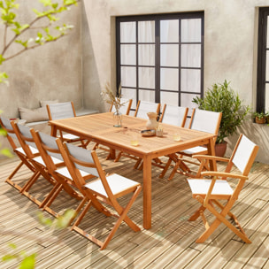 Salon de jardin en bois extensible - Almeria - Grande table 200/250/300cm avec 2 rallonges. 2 fauteuils et 8 chaises. en bois d'Eucalyptus huilé et textilène blanc