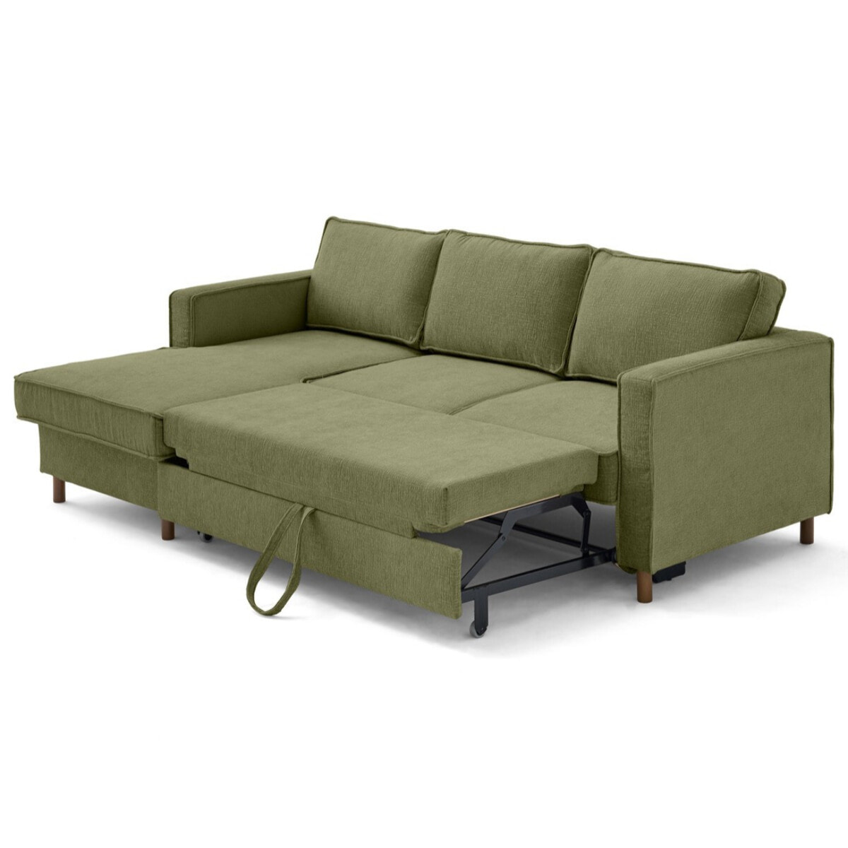 Jake - canapé d'angle gauche 4 places convertible avec coffre en tissu velours relief - Vert