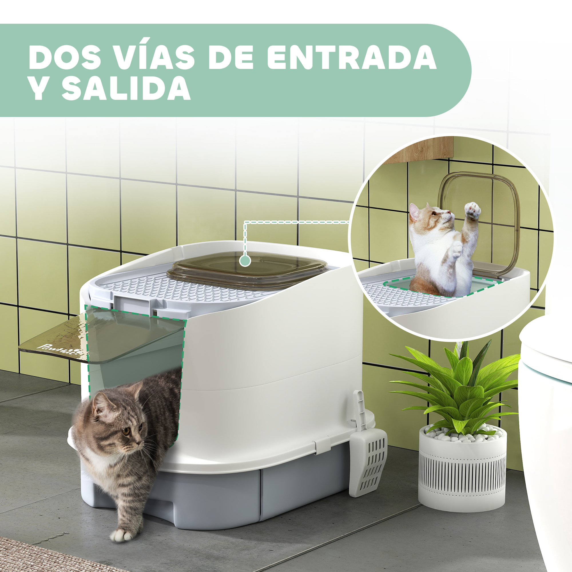 Arenero para Gatos Cubierto Caja de Arena para Gatos Arenero Cerrado para Gatos con Entrada Frontal Salida Superior Tapa Removible Bandeja Extraíble y Pala 40,5x52,5x42,5 cm Blanco y Gris