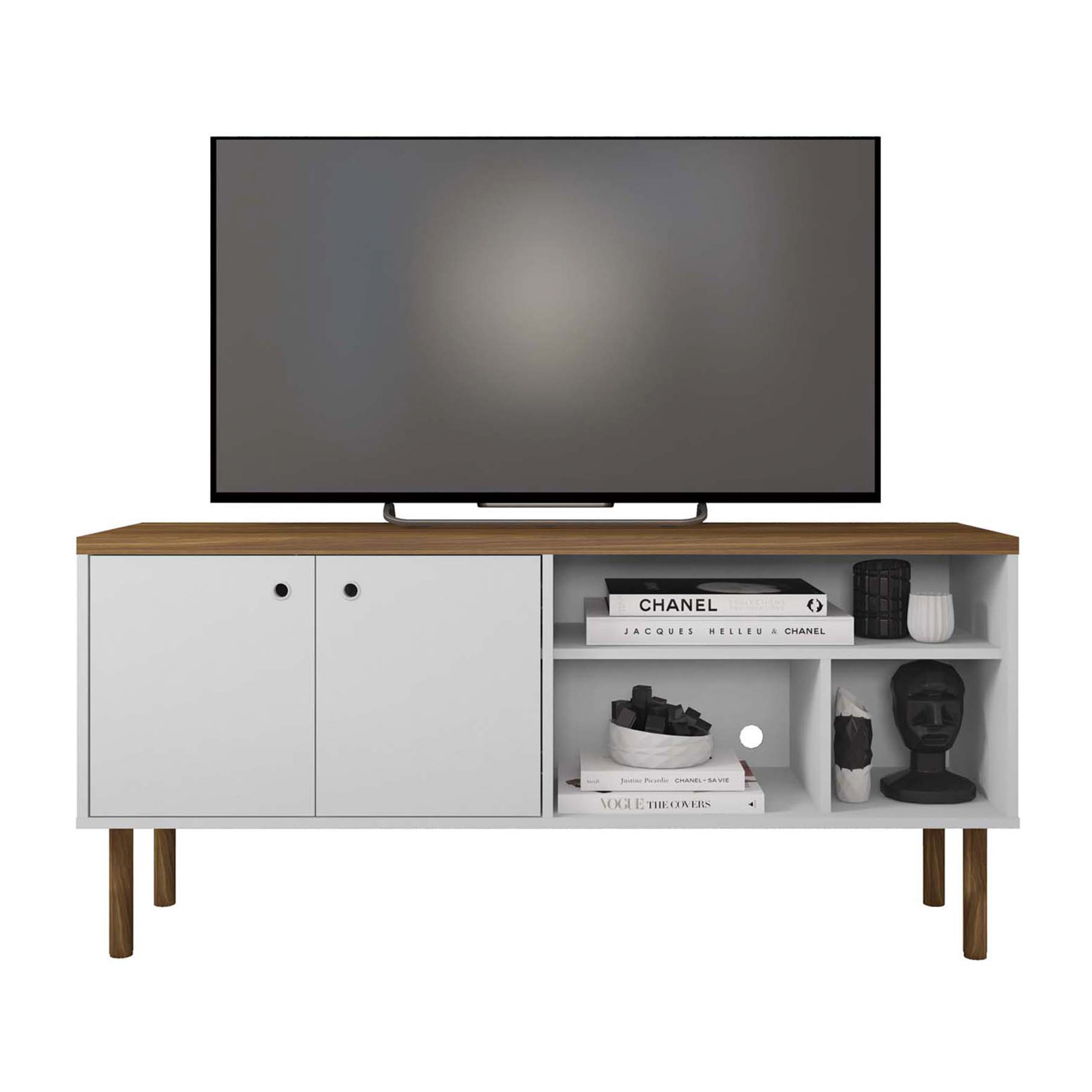 Mueble TV CAPRI - 2 puertas y 3 huecos - roble y blanco - 136x36x62cm