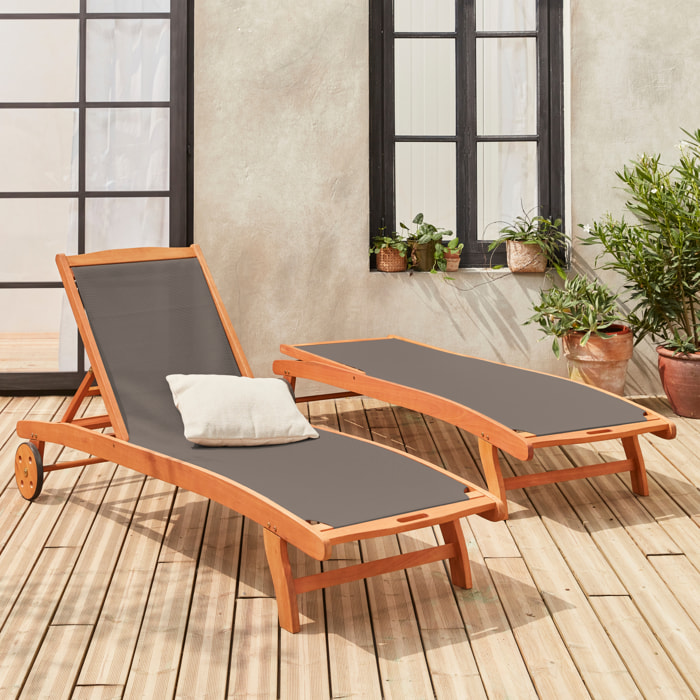 Bain de soleil bois d'eucalyptus multi positions avec roulettes (lot de 2) MARBELLA