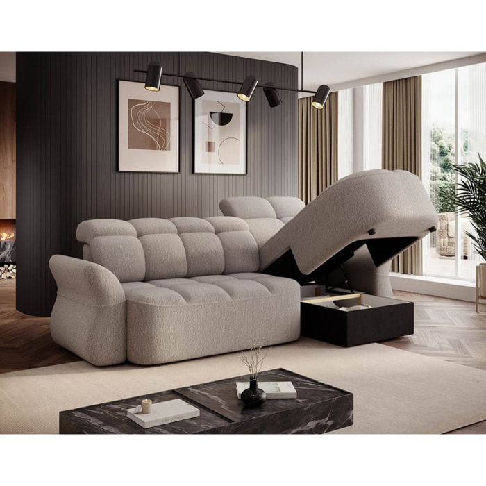 Brume - Canapé d'angle droit 4 places convertible électrique avec coffre et têtières réglables en tissu bouclette - Beige