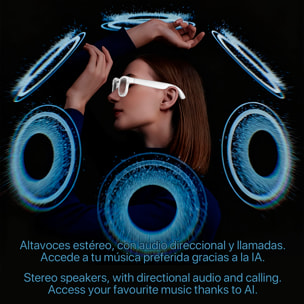 Gafas inteligentes AIMB-G3. Con cámara de 8 MPX, traductor Ai en tiempo real, asistente de voz, control de música y llamadas. Con 3 pares de lentes.