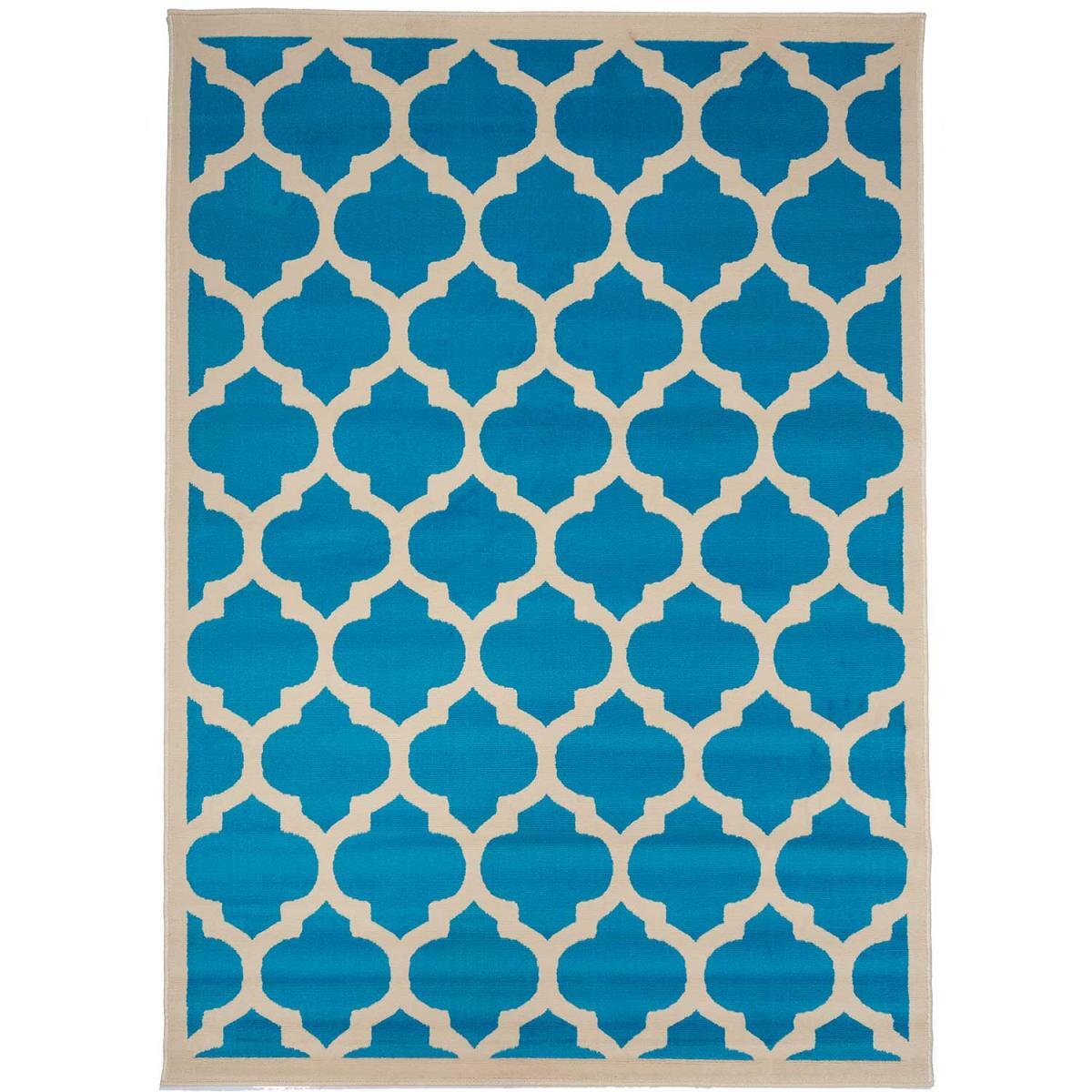 Petit tapis Begja bleu et blanc motif géométrique