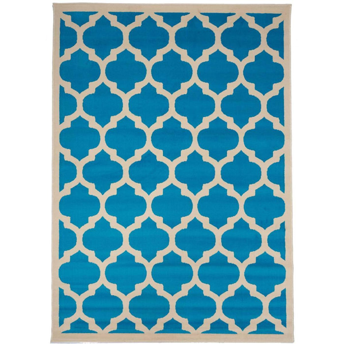 Petit tapis Begja bleu et blanc motif géométrique