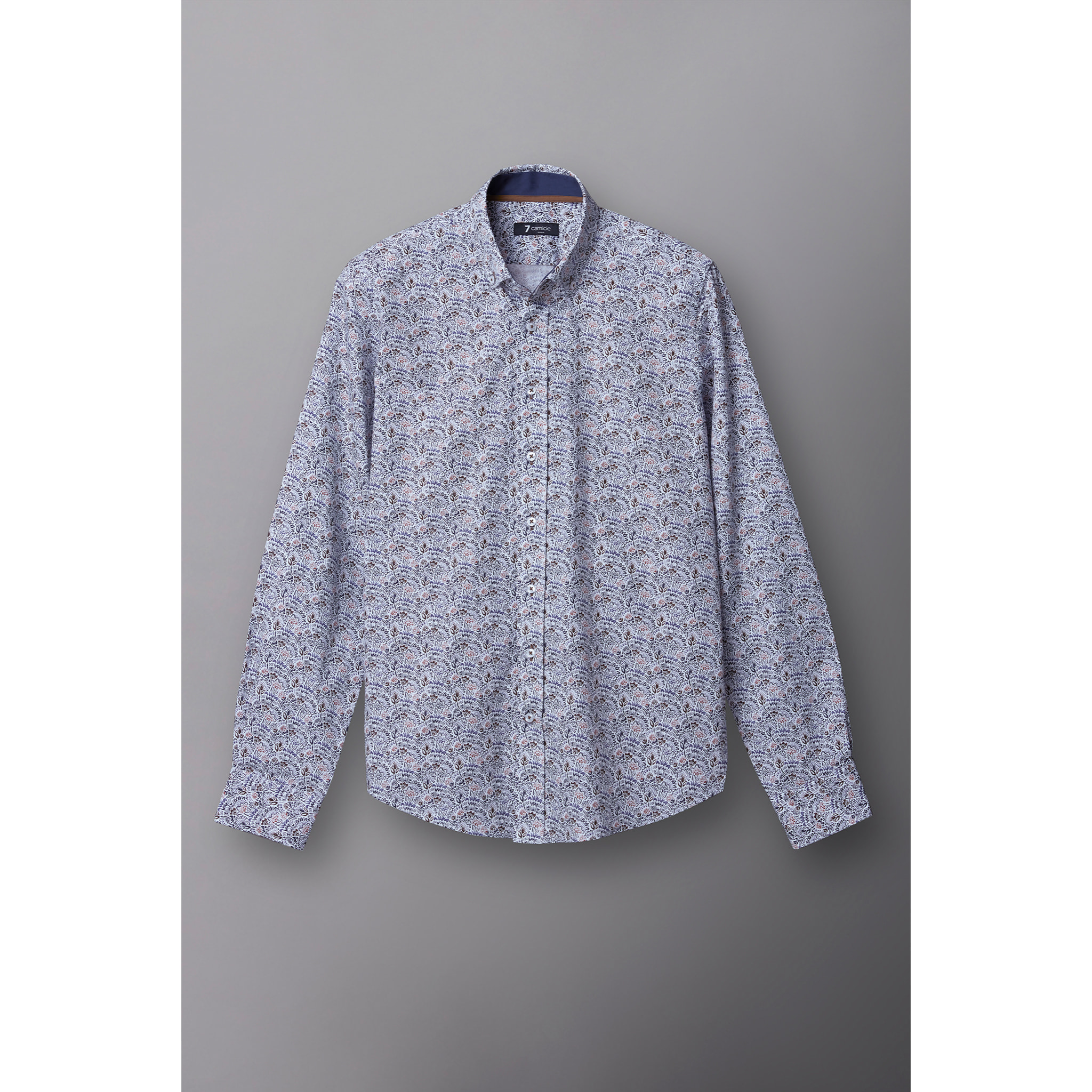 camicia uomo 1 bottone button down slim Popeline Stampato Bianco e Blu