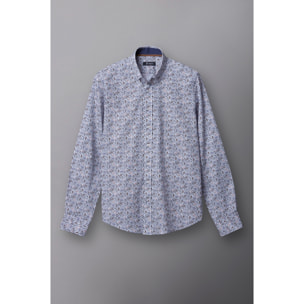 camicia uomo 1 bottone button down slim Popeline Stampato Bianco e Blu