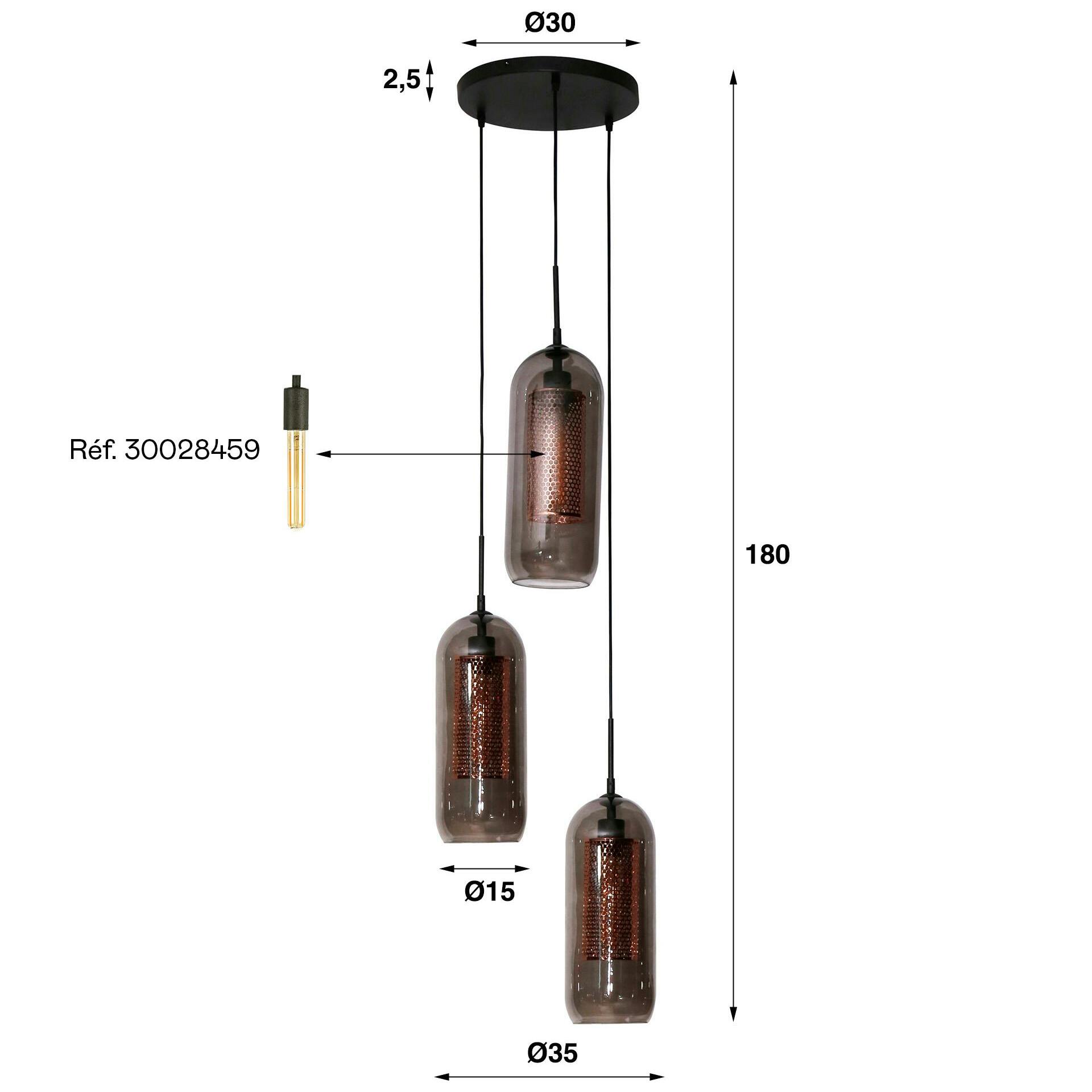 Suspension en verre fumé et métal cuivré 3 lampes NOVA