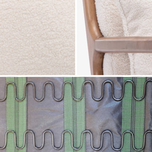 Fauteuil à bascule design en bois et tissu. bouclettes blanches. structure hévéa teinté noyer foncé