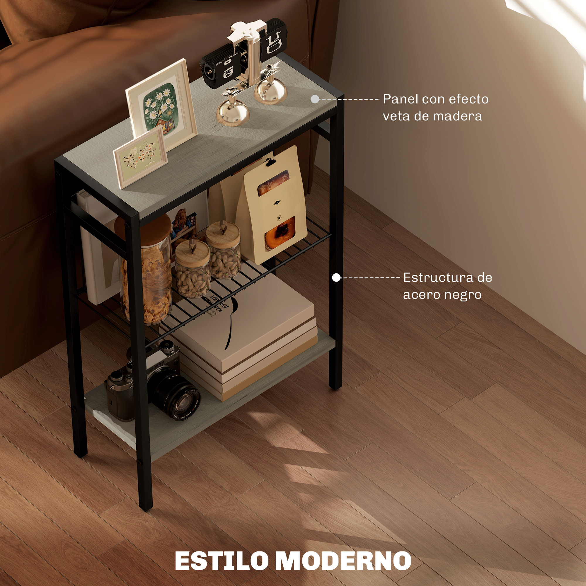 Mesa Auxiliar Estrecha de 3 Niveles Mesita Auxiliar Industrial con Estantes Abiertos y Estructura de Acero para Salón Dormitorio 43x18x62,5 cm Gris