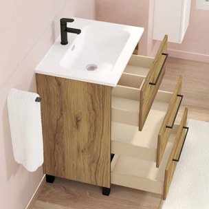 Ensemble De Salle De Bain Haru | Meuble De Salle De Bain Avec Pieds | 60 Cm Teka| 3 Tiroirs | Vasque Ceramique | N'Inclut Pas Miroir | Alday