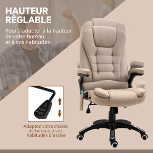 Fauteuil de bureau direction massant chauffant hauteur réglable dossier inclinable toile de lin beige