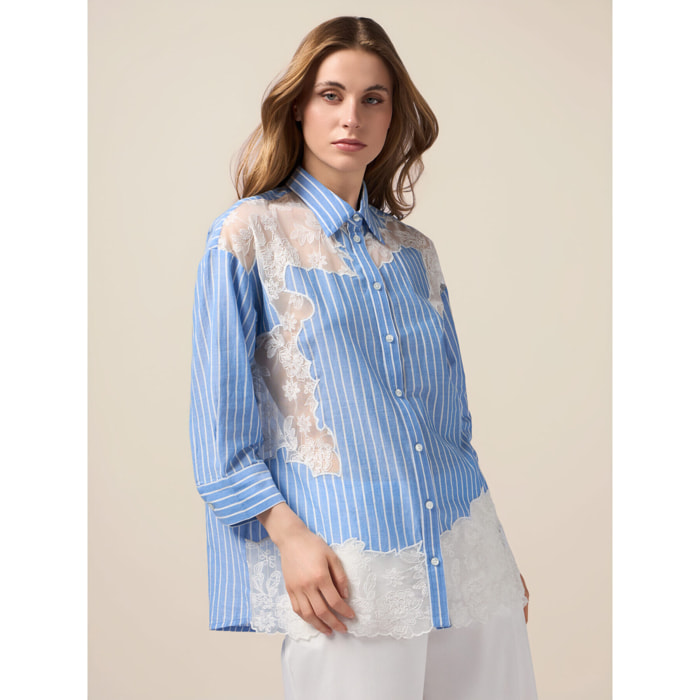 Oltre - Camisa oversize a rayas con encaje - Light - blue