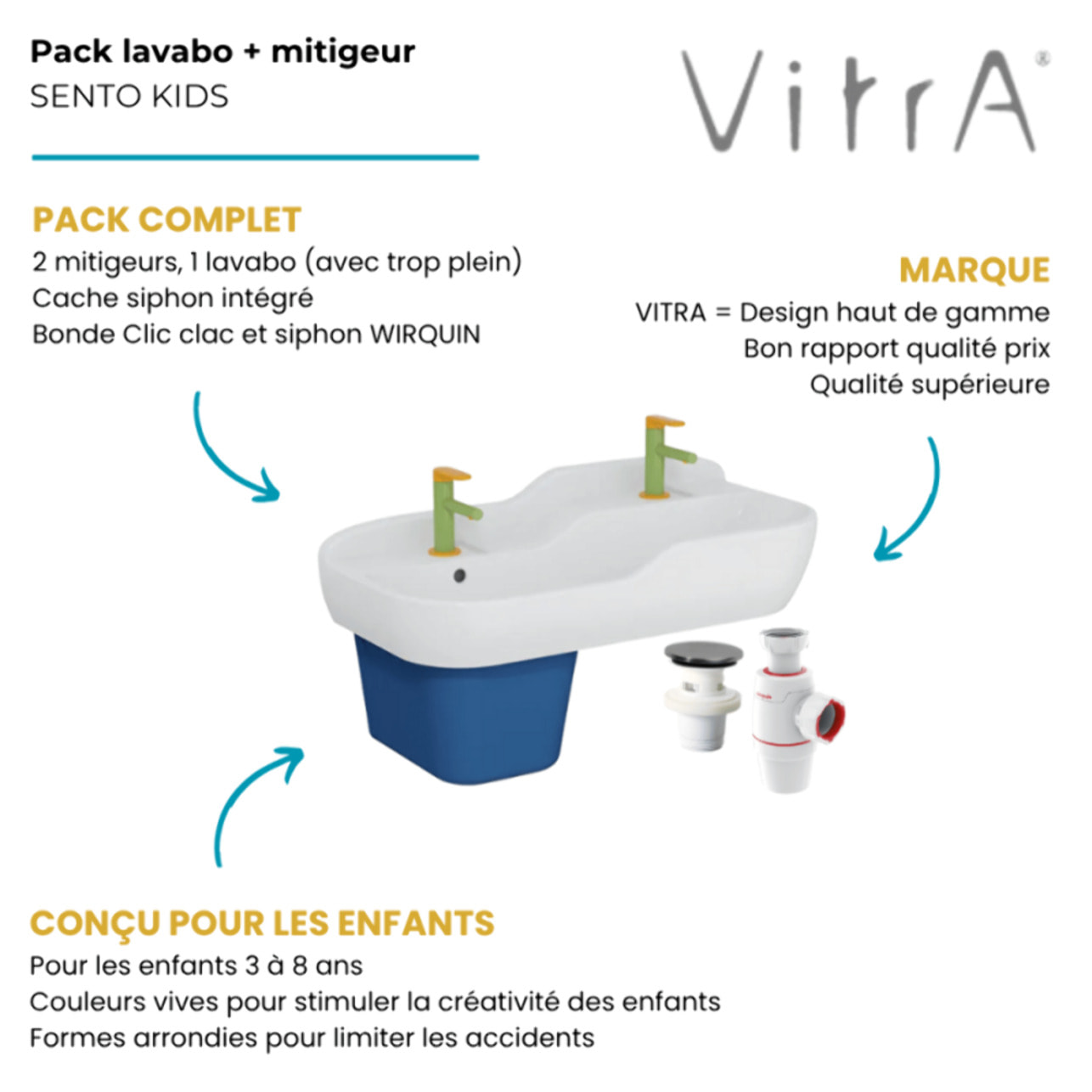 Pack lavabo pour enfant VITRA Sento Kids 85 cm + Mitigeur lavabo jaune et vert