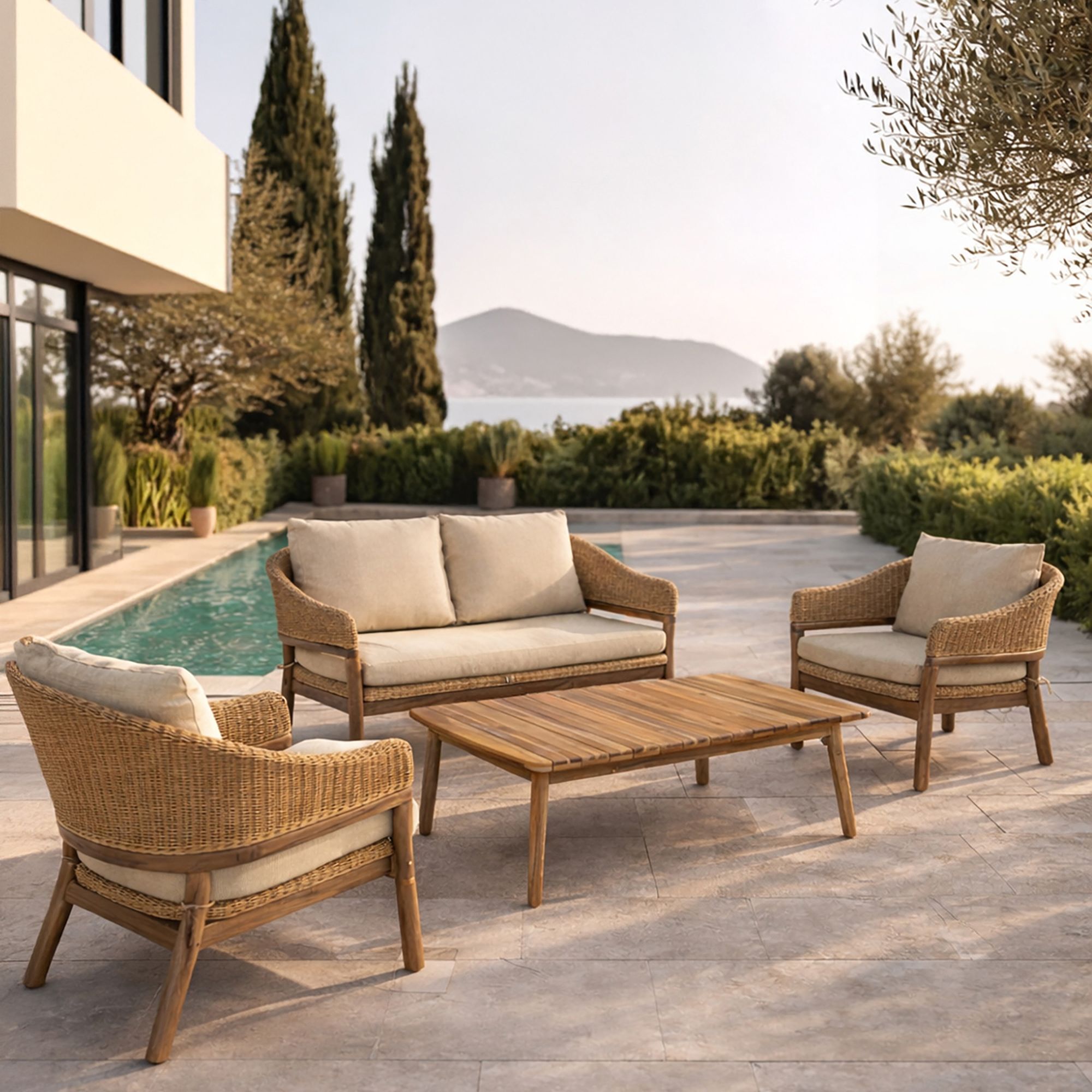 Salon de jardin 4 places en bois d'acacia et résine tressée beige ALHAMBRA