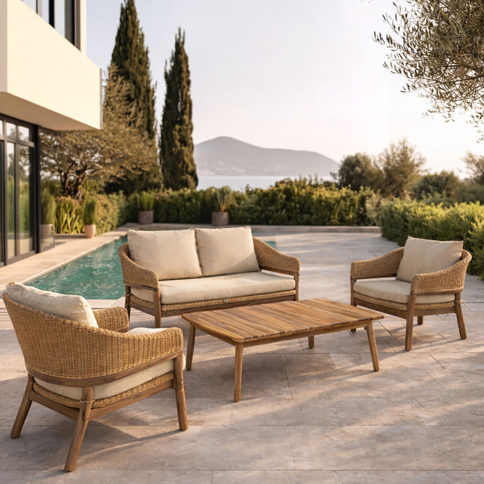 Salon de jardin 4 places en bois d'acacia et résine tressée beige ALHAMBRA