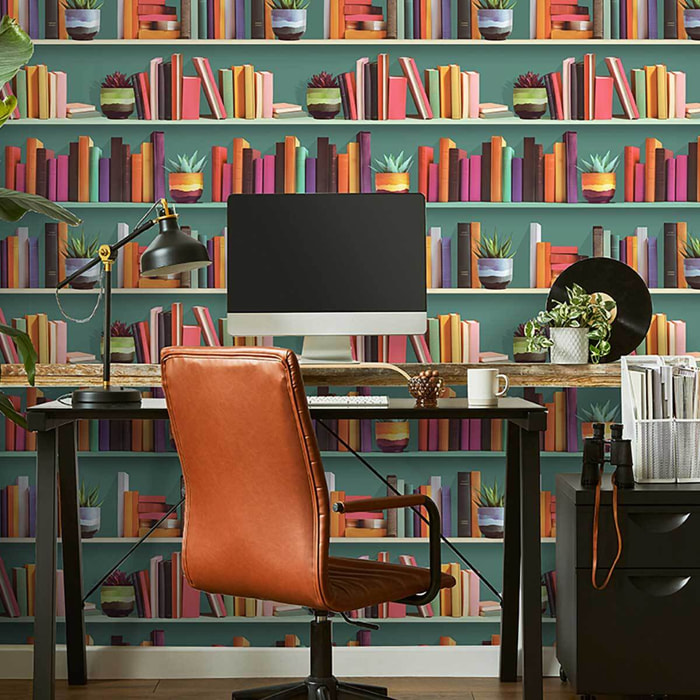 Papier peint étagères colorées fond vert moderne