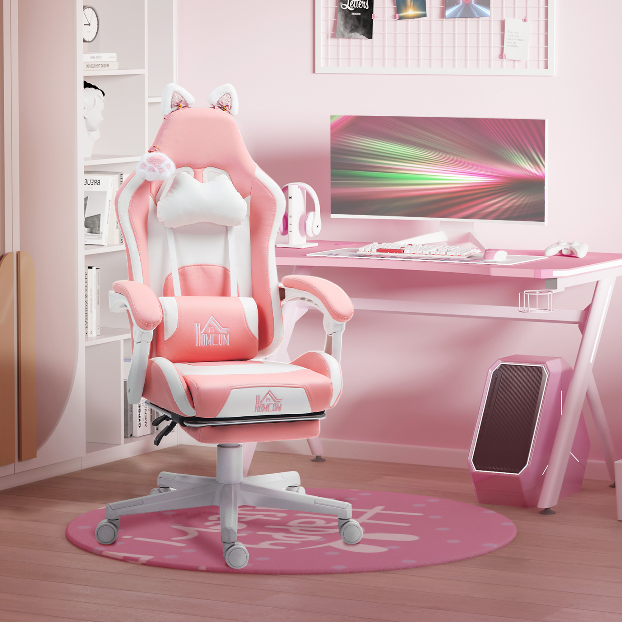 Silla Gaming con Orejas Silla Gamer Reclinable con Altura Ajustable Reposapiés Retráctil Soporte Lumbar y Reposacabezas Desmontable Silla para Oficina Estudio Rosa